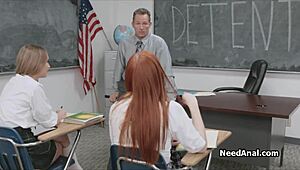 Perky Coeds Take Turns on Teacher's Cock in Wild Anal Classroom Threesome