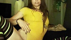 Petite Brunette in Stockings Rams Huge Dildo Deep into Shaved Pussy