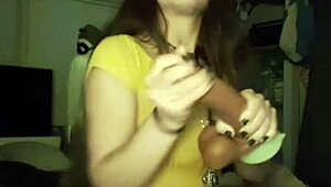 Petite Brunette in Stockings Rams Huge Dildo Deep into Shaved Pussy