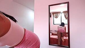 petite latina stepsister in tight pink shorts rides cowgirl showing off wet pussy and assplay close-up