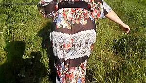 oh man... hairy chubby milf flashes thru see-thru dress outside