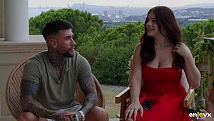 Curvy redhead in lingerie teases two studs before wild threesome action