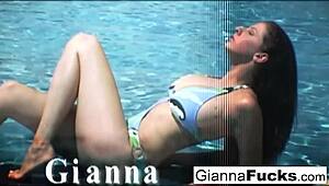 gianna's big tits bounce in interracial poolside threesome