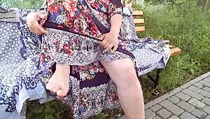 oh man... hairy chubby milf flashes thru see-thru dress outside