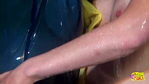 Steamy shower with latex brunette turns wild. Lesbian licks tight pussy before toys plow deep inside?