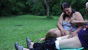 voyeur latina bbw milf with huge tits masturbates me rough outdoors public park forest slap