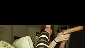 Petite Brunette in Stockings Rams Huge Dildo Deep into Shaved Pussy