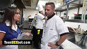 What if cute blonde waitress got bent over by whole staff in reality gangbang?