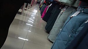 Juicy Russian PAWG legs spread in nylon skirt for hidden mall changing room cam