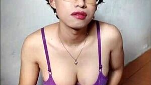 Gorgeous asian shemale strokes her cock hard in early morning solo session 🌅🍆💦