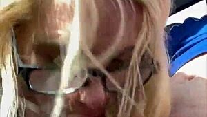 real hooker in glasses kneels public for old man's cash sucking cumshot straight in mouth
