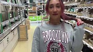 hey, check out this busty babe flashing pierced tits everywhere in the store
