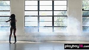 skinny ebony ballerina jahla pope tempts with her stripping workout moves