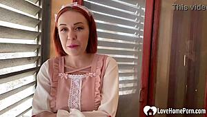 Redhead cosplayer kneels to slobber hardcore on massive cosplay cock!