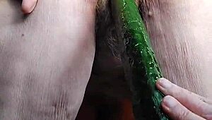 whoa oma stuffs huge cucumber deep in her hairy granny pussy 🍆💦
