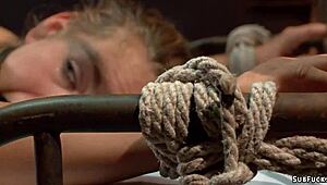 Bound blonde gags on cock before rough anal creampie pounding