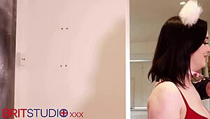 Collared British teen bent over kitchen desk for quick doggystyle pounding