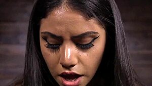 brunette shoves huge dildo deep riding sybian machine vibrator on wooden desk