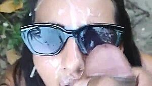 hot latina wife sucks husband on public beach then takes facial cumshot from stranger