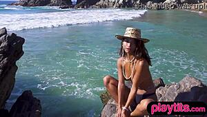 petite mexican babe... strips wet at beach shows off her huge ass cheeks