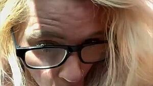 real hooker in glasses kneels public for old man's cash sucking cumshot straight in mouth