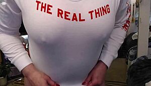 Mature beauty teases big tits and ass in wet t-shirt mirror play every morning