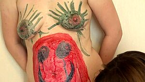 fat mature lesbian milf paints body then fucks slender girlfriend with toys in fetish game