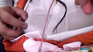 her oriental shaved pussy stuffs vibrators for kinky master