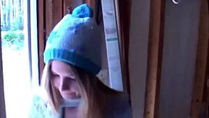 dagfs cute blonde neighbor strips panties teases shaved pussy in slim body show