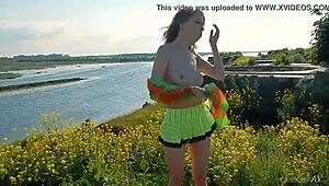 Spunky Blonde Teen Model Strips Naked in Outdoor Miniskirt Photoshoot