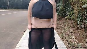 priscila hits the streets in see-thru skirt NO PANTIES flashing big naturals