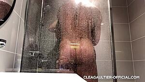 clea gaultier takes a steamy shower bathing brunette french beauty
