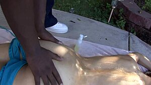 Young busty latina's oiled ass destroyed by gardener's fat cock doggystyle creampie??