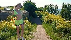 Spunky Blonde Teen Model Strips Naked in Outdoor Miniskirt Photoshoot