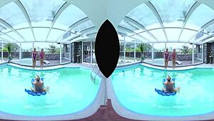 four shaved euro blondes with huge tits lick pussies asses at poolside foursome orgy