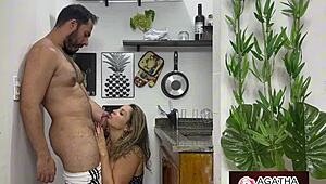 agatha gets her milf pussy wrecked by huge cock in kitchen quickie pounding