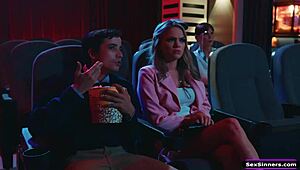 SexSinners.com - Petite Blonde Gf Drops to Suck Bf's Big Cock in Public Cinema