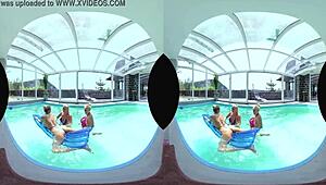 four shaved euro blondes with huge tits lick pussies asses at poolside foursome orgy