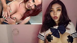 Hey, this horny big tits Latina milf fucks stepson alone at home