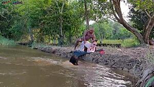 Sunbathing by the river sparks outdoor fun with two beauties sucking then filled up