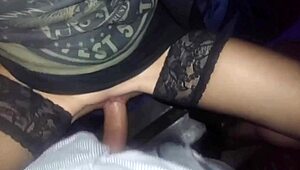 Crazy skinny slut in stockings lets stranger fuck her tight wet pussy right on the public street!