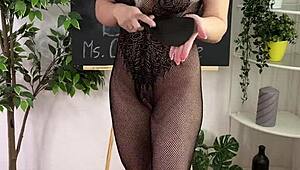 curvy mature teacher in lingerie glasses heels nylon teases bdsm fetish play