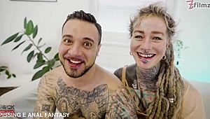 Tattooed slut's all holes destroyed by huge cock in rough double anal penetration!