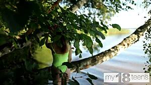 yo check this adorable skinny 18yo finger her shaved wet pussy outdoors