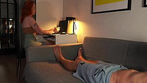 nerdy redhead babe sucks deep on cock while flashing cute skinny tits for college friend