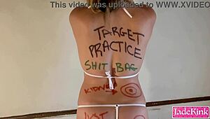 tied up trash slut gets body written on n humiliated rough in bdsm party bondage