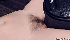 Blindfolded Hairy Pussy Babe Gags on Cock in Bondage Device