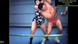 mixed nude wrestling match turns intense with sweaty body grapples