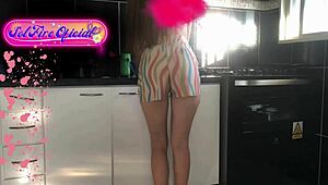 skinny tattooed Brazilian maid Megan Fire flashes ass in kitchen part 2
