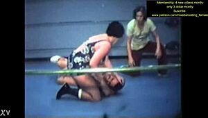 mixed nude wrestling match turns intense with sweaty body grapples